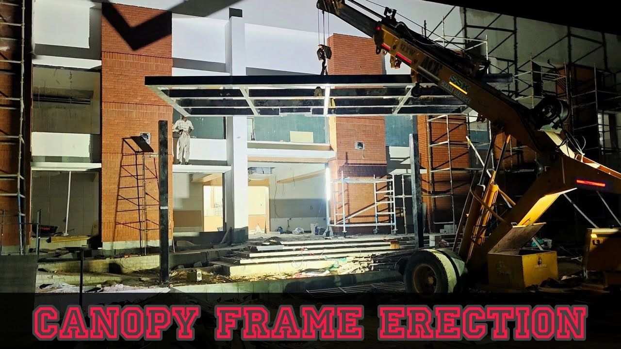 Modern Glass Entrance Canopy Structure Erection.