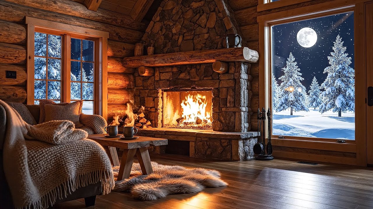 Cozy Log Cabin by the Moonlight: Peaceful Fire Crackling Ambience for Studying