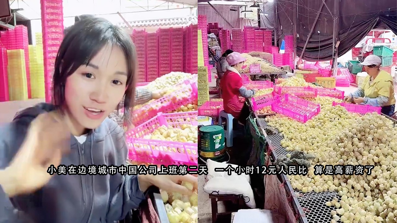 小美在边境城市中国公司上班第二天  一个小时12元人民币  算是高薪资了