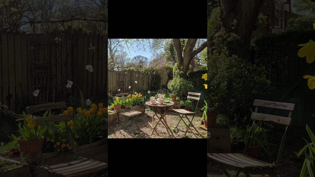 Springtime Serenity: Charming Tea Corner in a Bloosoming Backyard | AIdesign | ROFIELTY