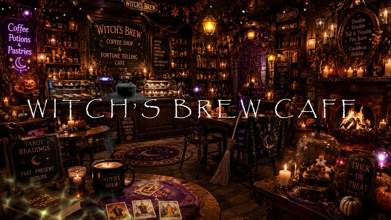 🌙 MAGIC WITCH'S BREW CAFE & TAROT CARD READING🔮CRACKLING FIREPLACE✨CHIMES-🕯️BUBBLING CAUDLRON