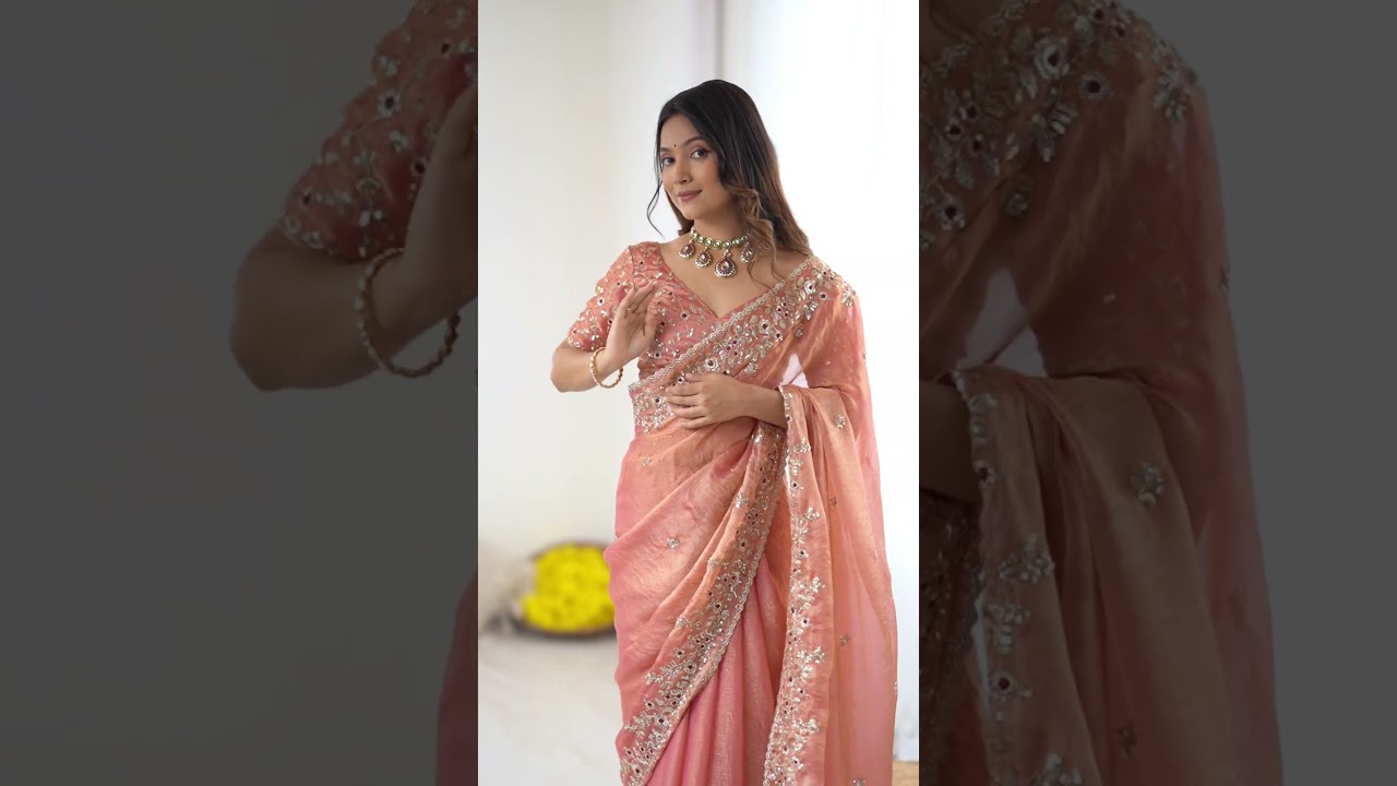 Embroidered Chinon Chiffon Saree in Peach