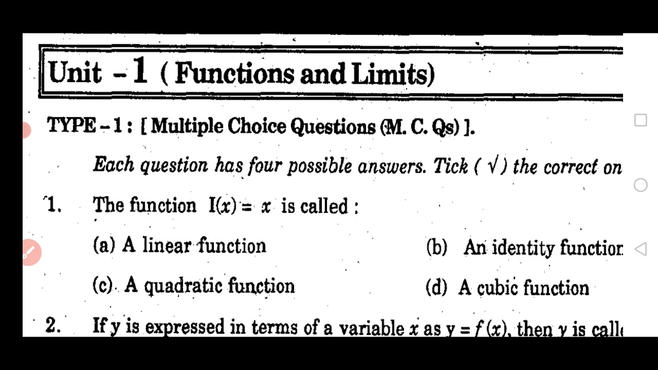 Mcqs on functions and limits part 1/2nd year maths/