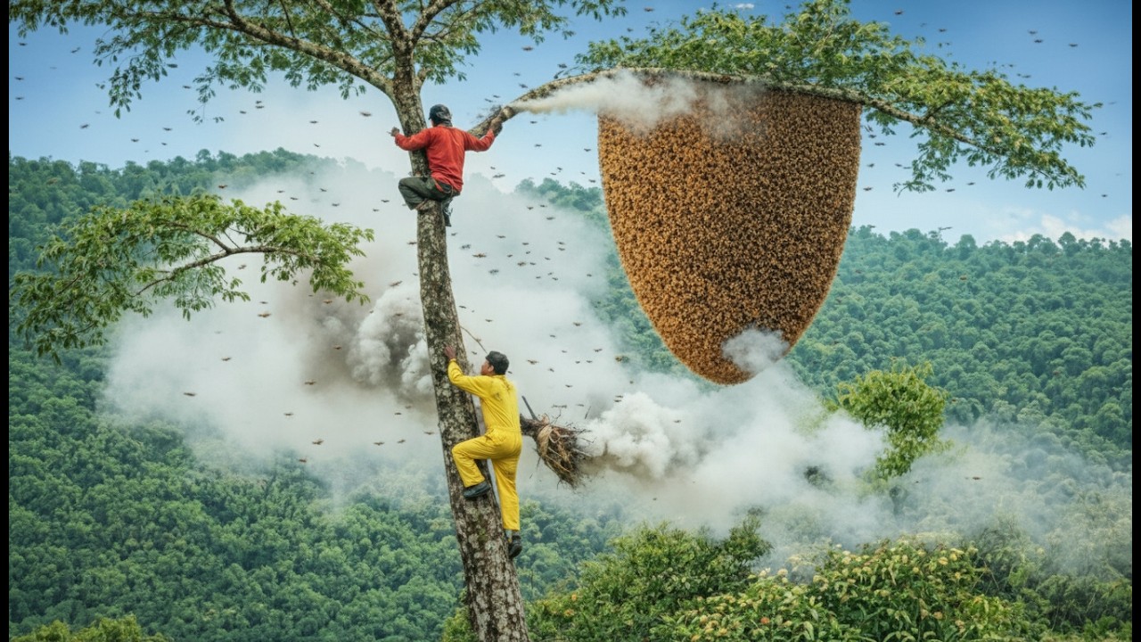 Climbing a 50-Meter Tree to Reach a Super Huge Wild Honeycomb