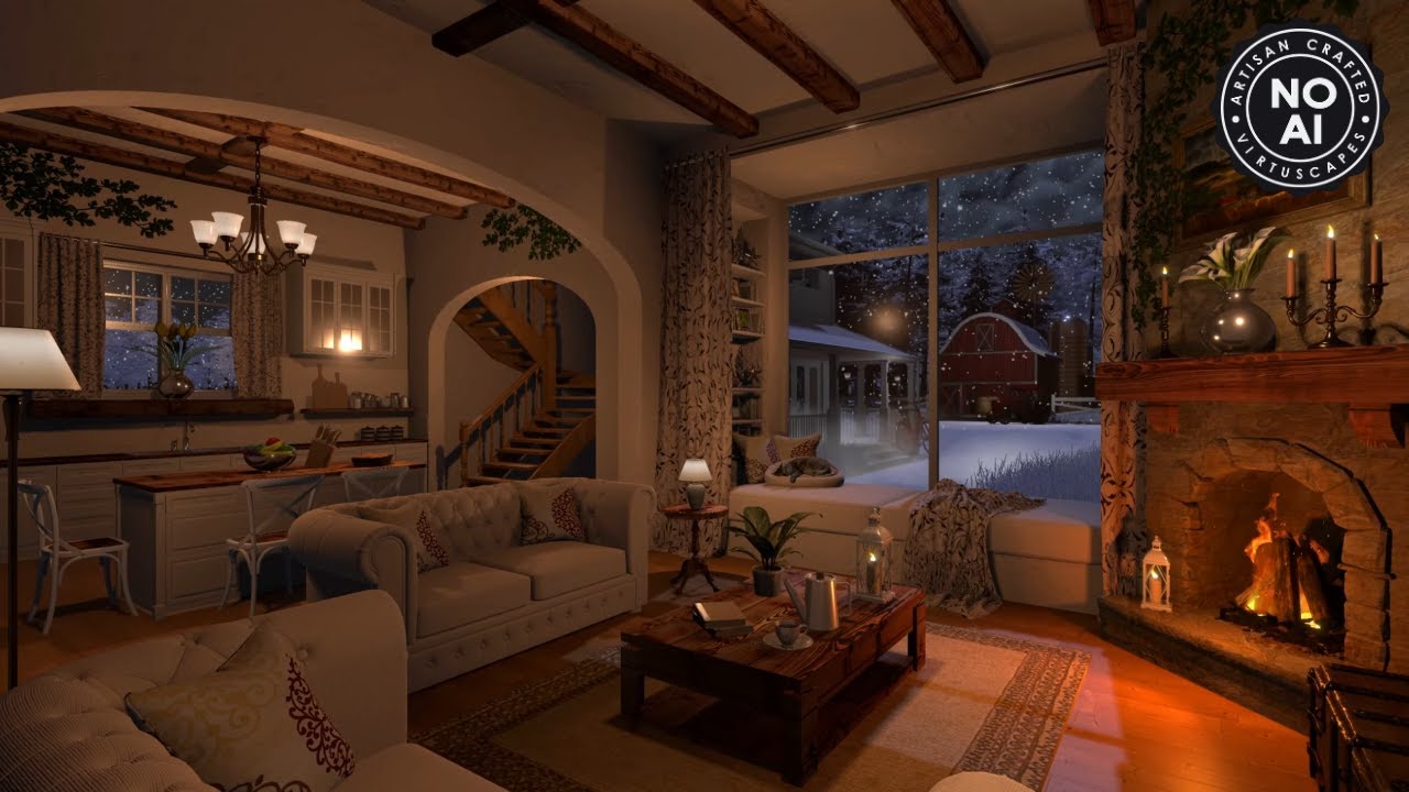 Cozy Winter Farmhouse Interior | Night Ambience | Log Fireplace, Wind, Snow & Blizzard Sounds