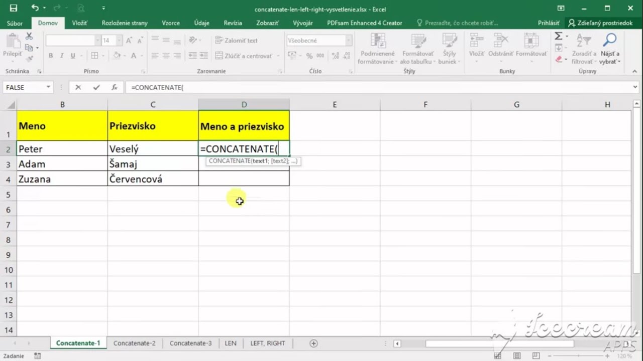 Excel - Textové funkcie CONCATENATE, LEN, LEFT, RIGHT