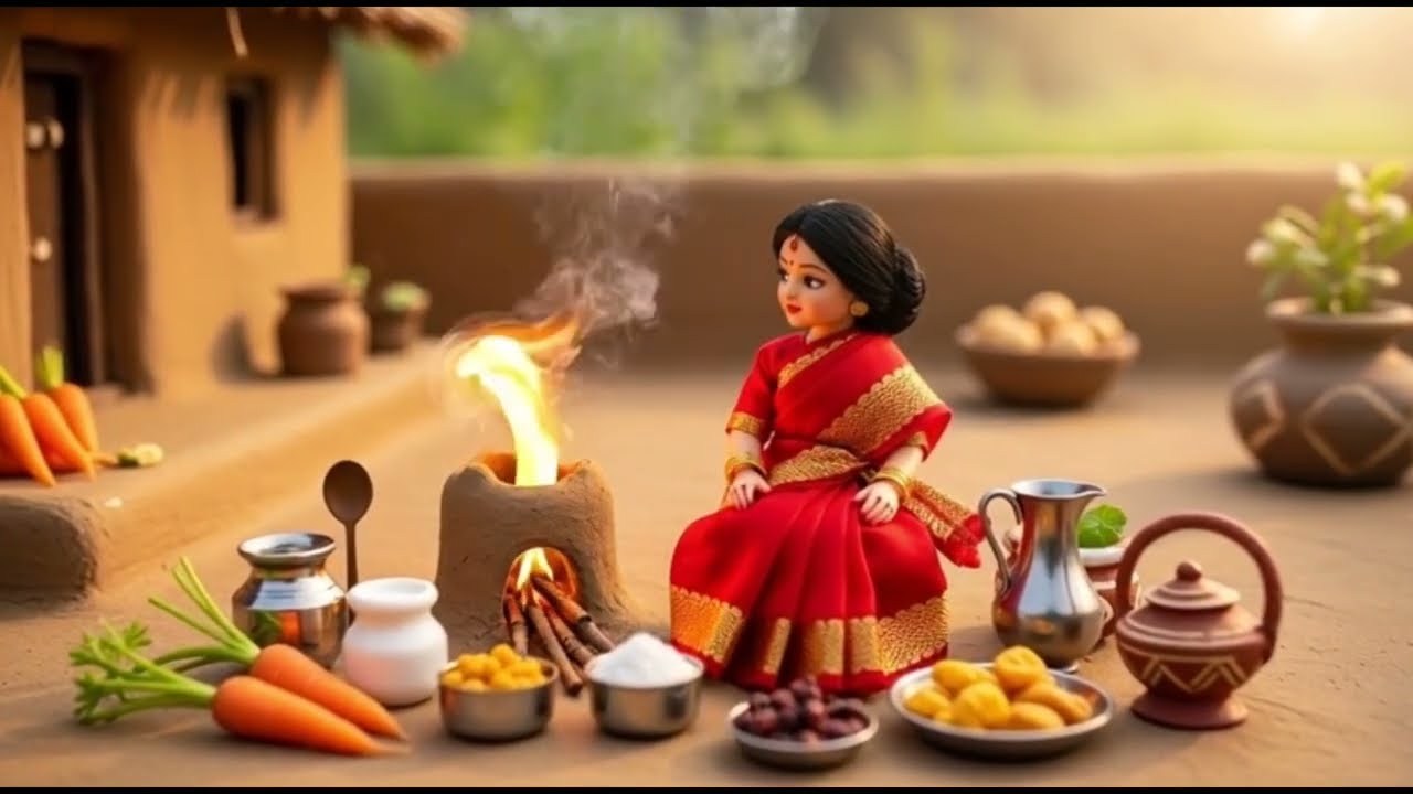 Miniature Doll Carrot Halwa Cooking ASMR | Indian Village Tiny Kitchen Sweet Dessert
