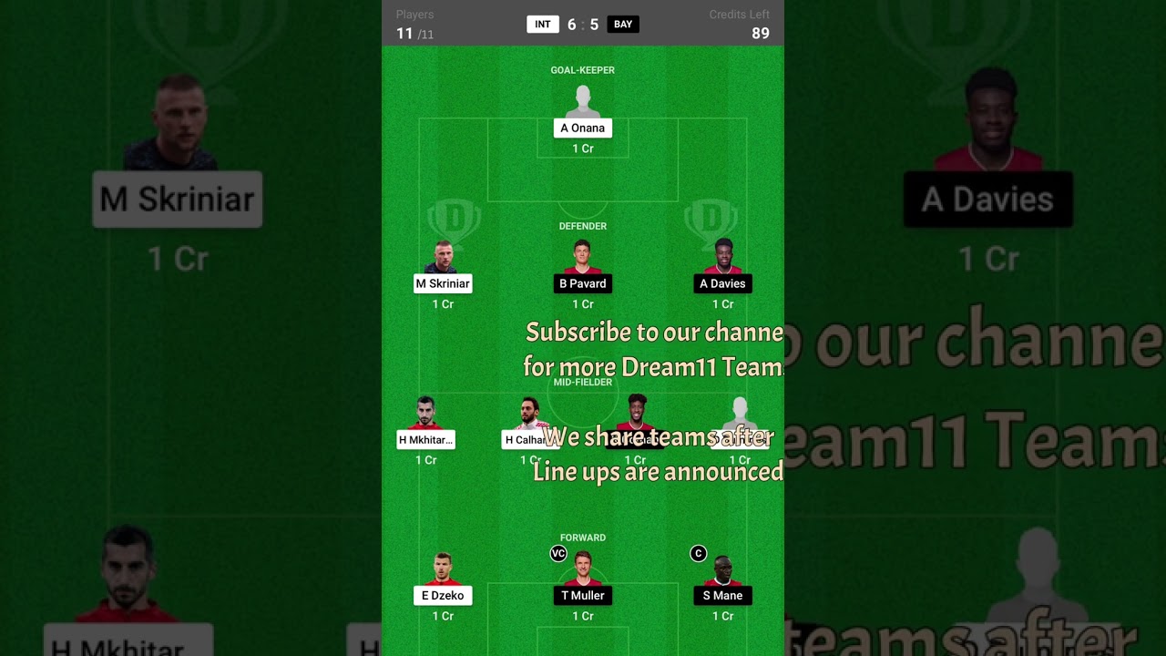 INT vs BAY Dream11 Team | Line ups announced | Inter Milan vs Bayern Munich | Champions League