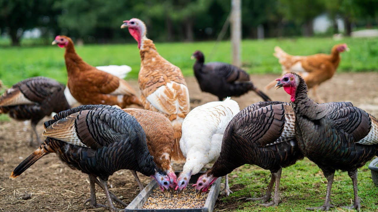Relaxing Farm Bird Sounds | Hens and Turkeys Eating Together