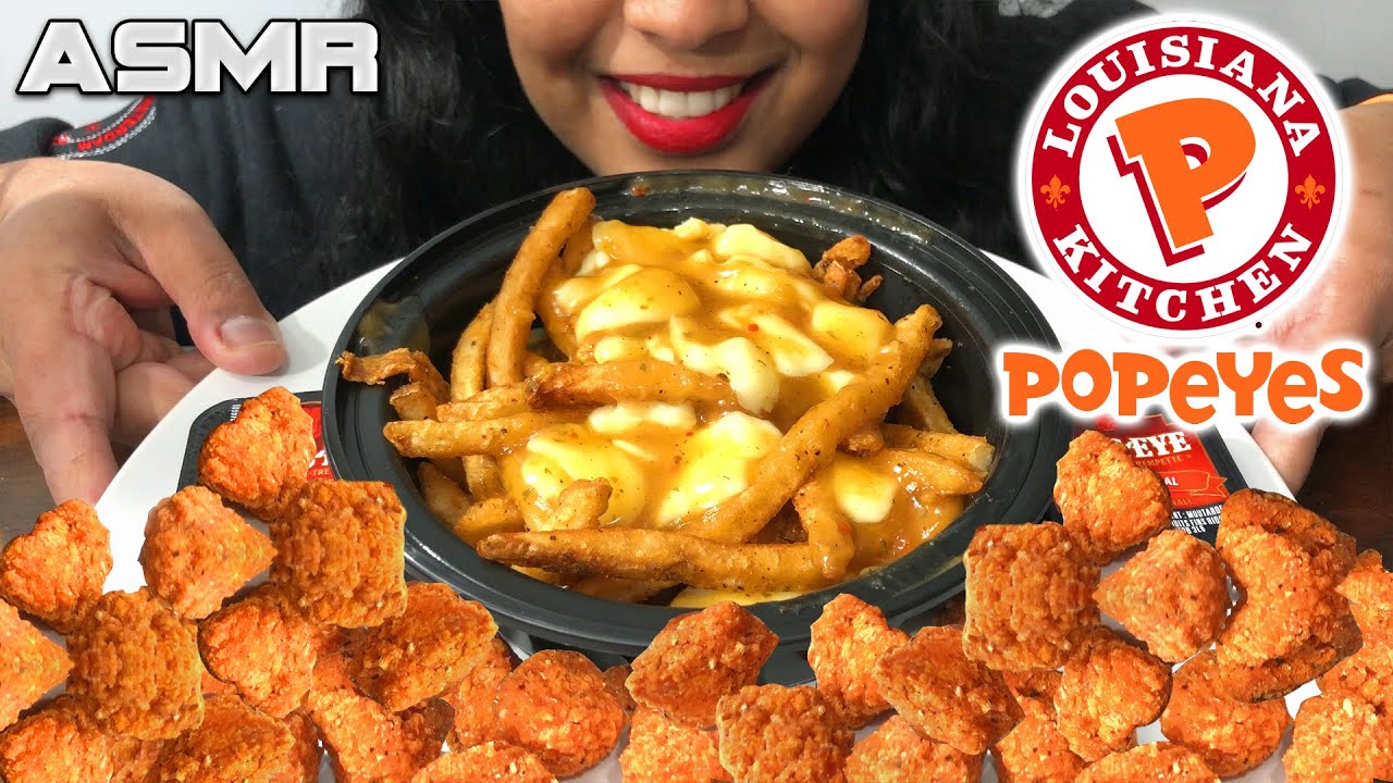 POPEYES CAJUN POUTINE ASMR MUKBANG   SPICY CHICKEN POPCORN ASMR   POUTINE ASMR