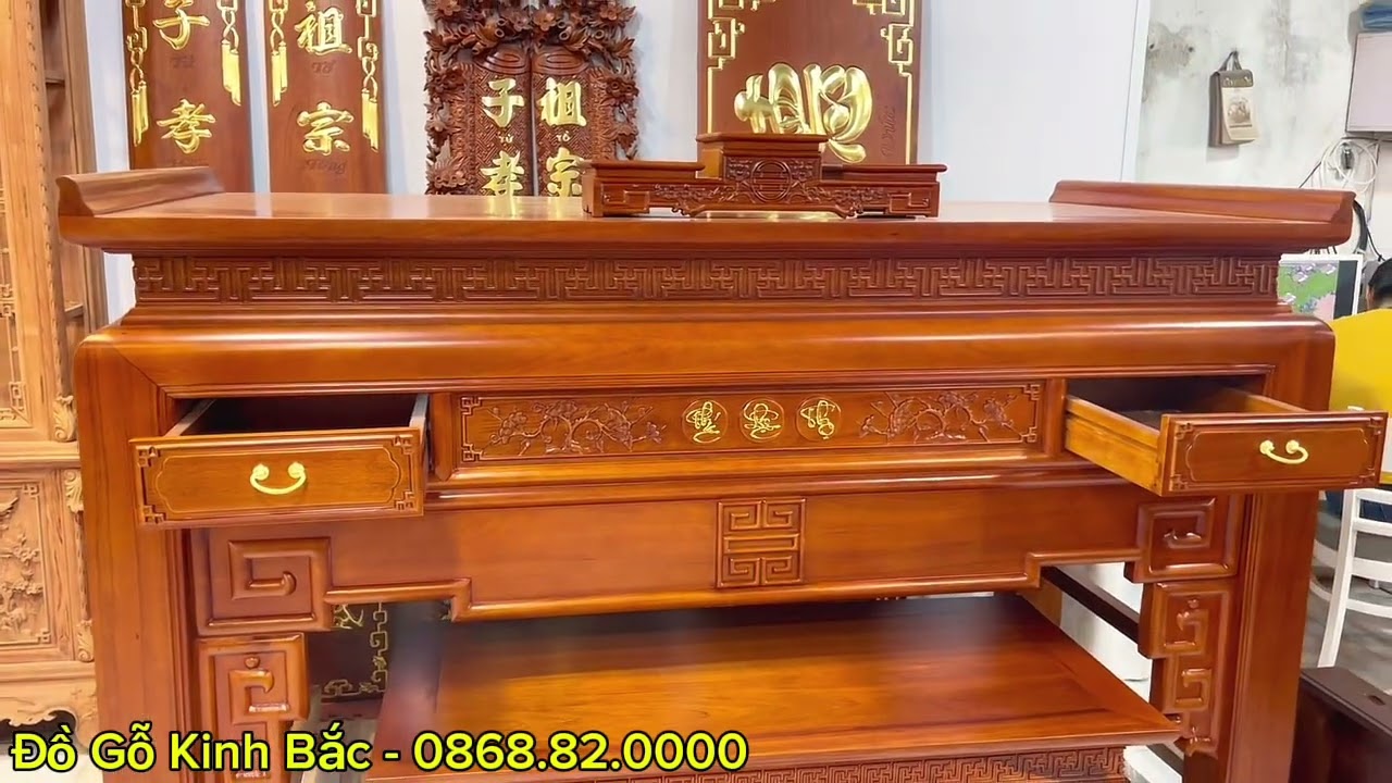 Ban Thờ Triện Thọ Trơn Chu Hiện Đại + Ngăn Kéo  Chất Liệu Gỗ Gụ Lào