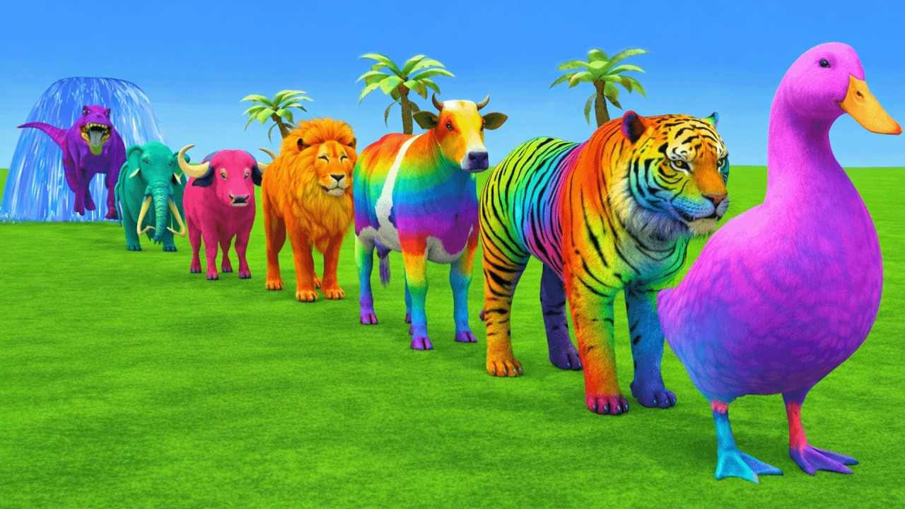 Long Slide Game With Cow Elephant Gorilla Hippopotamus Tiger - 3d Animal Game - Funny 3d Animals