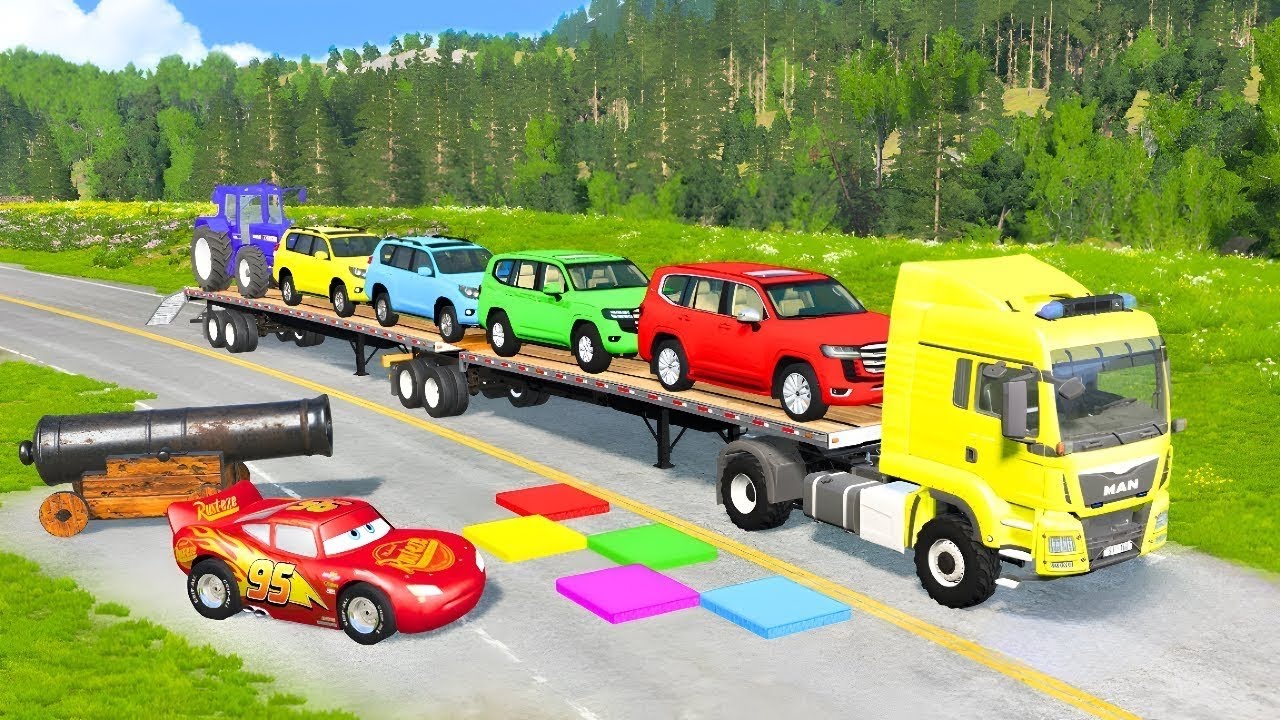 Flatbed Truck Mcqueen | Transportation with Truck - Pothole vs Car #15 - BeamNG.Drive 