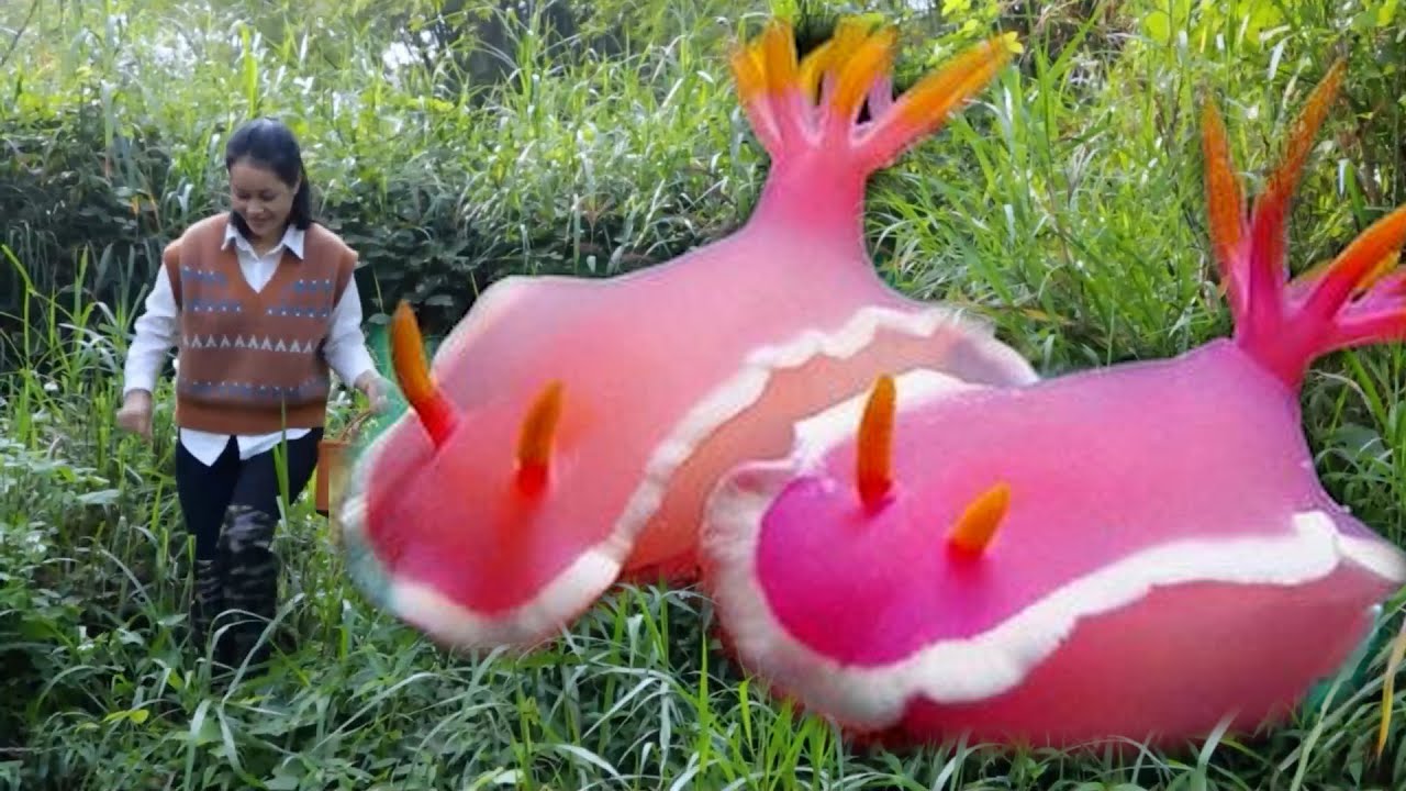 A girl captures a red scallop with sparkling and charming red pearls inside