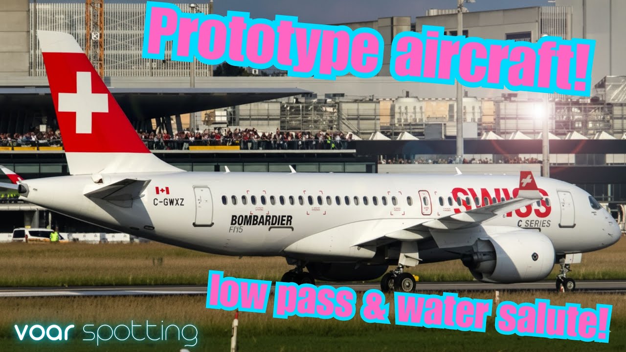 Airbus A220 (CS100) Prototype low pass & landing with water salute at Zurich Airport in 2015