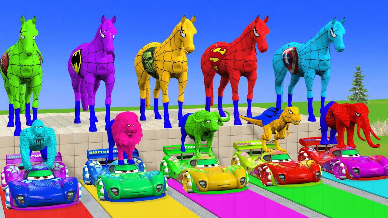 RED HORSE SPIDERMAN CROSSING FOUNTAIN ON RAINBOW SPIDERS BRIDGE AGAINST SHARKS RESCUE ANIMALS GAME