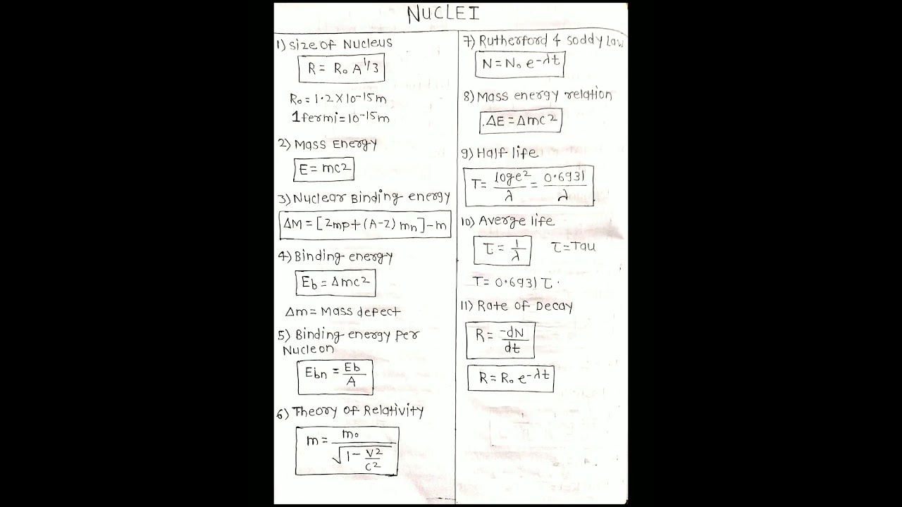 NUCLEI CLASS 12 PHYSICS FORMULA NOTES🔯🔯
