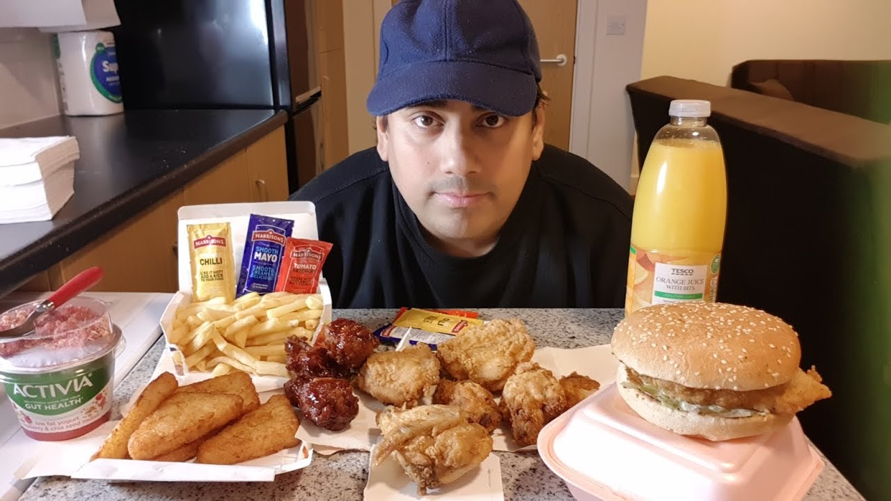 fried chicken, bbq wings, chicken burger, hash browns and fries - mukbang