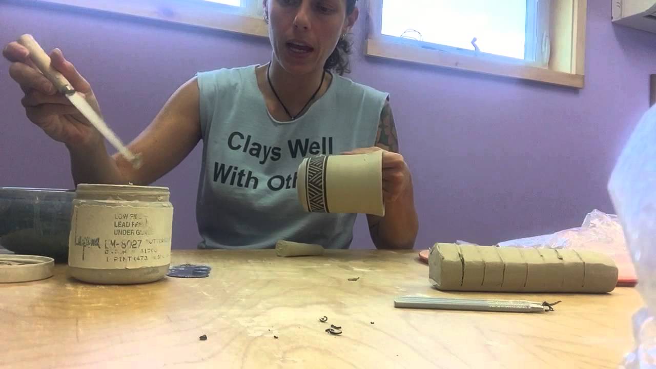 Carving Design and Attaching Handle to a Wheel Thrown Mug