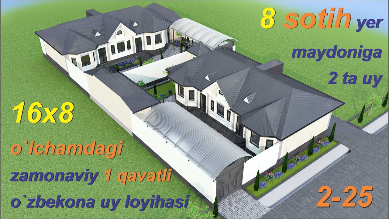 8 SOTIH YERGA 2 TA XONADON. 16x8 OʻLCHAMDAGI 1 QAVALI UY LOYIHASI.#home plan # exterior design