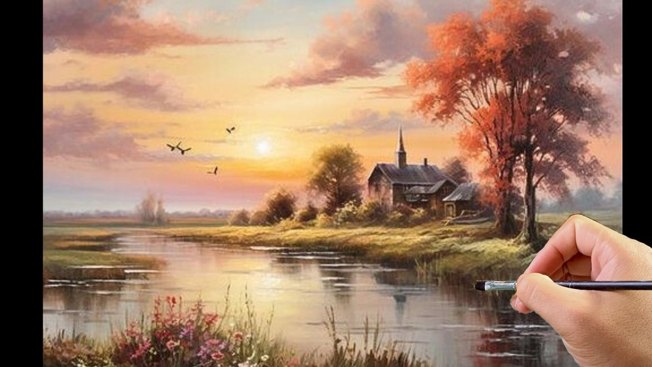 🎨 Painting a Peaceful Autumn Riverside House | Relaxing Acrylic Landscape Tutorial | #043