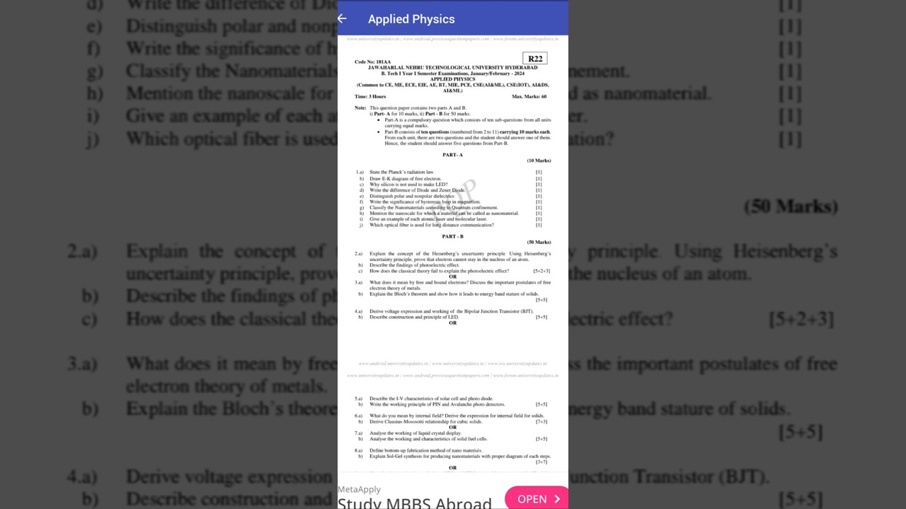 👉R22 Applied Physics Previous Question Paper | JNTUH | B.Tech 1st Year | Important Questions