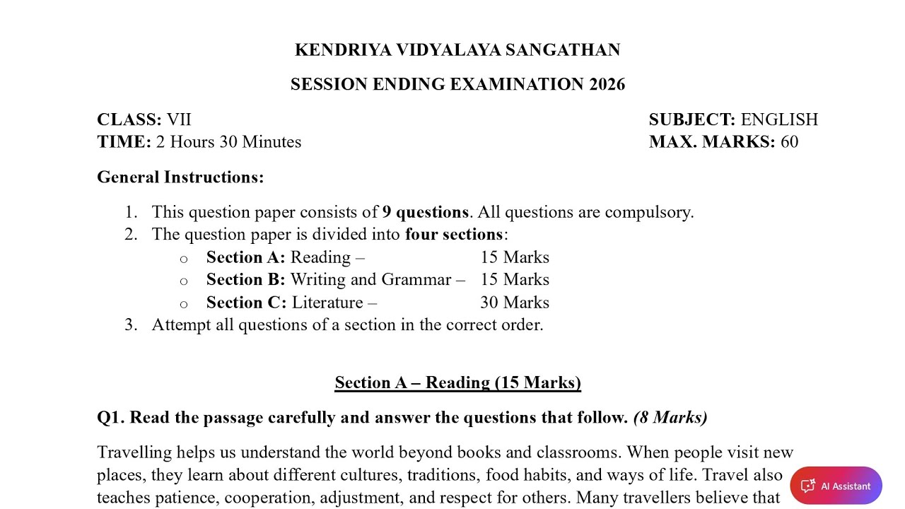Class-7 English (Set-2) Annual Exam 2026 Question Paper Session Ending PM SHRI KV Term2