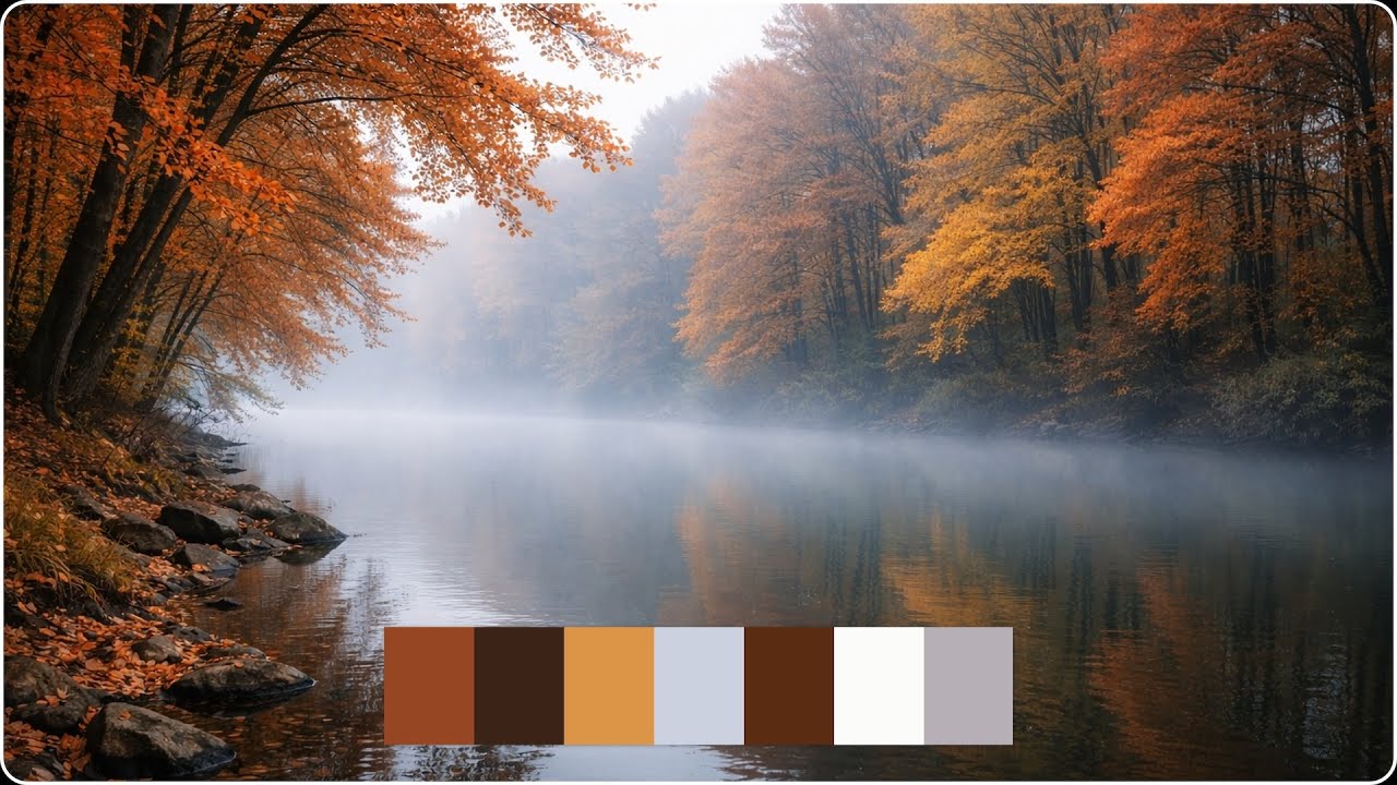 Autumn Trees Against Cool River Mist — Cinematic Color Palette | Color Vibe Archive
