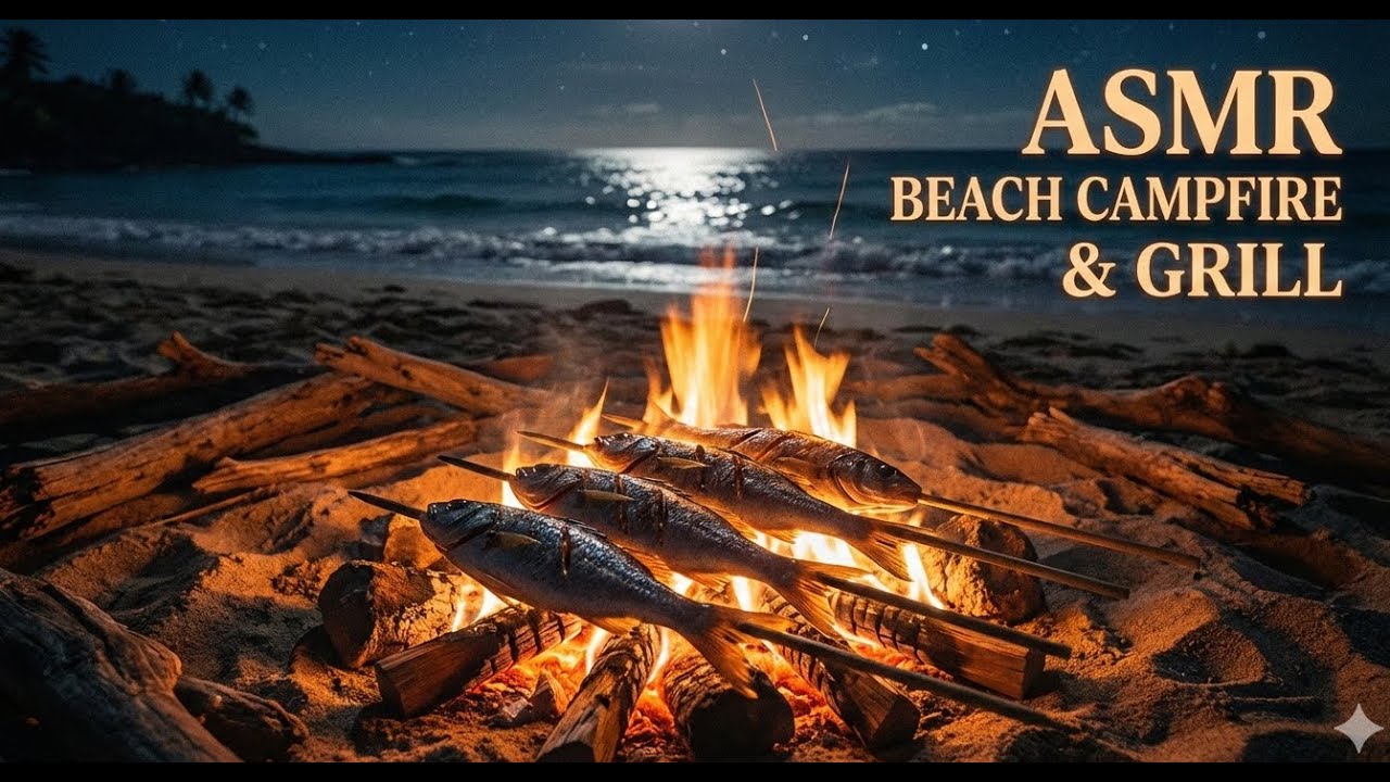 Tropical Beach Campfire ASMR 🔥 Grilling Fish & Ocean Waves (Sleep & Relax)