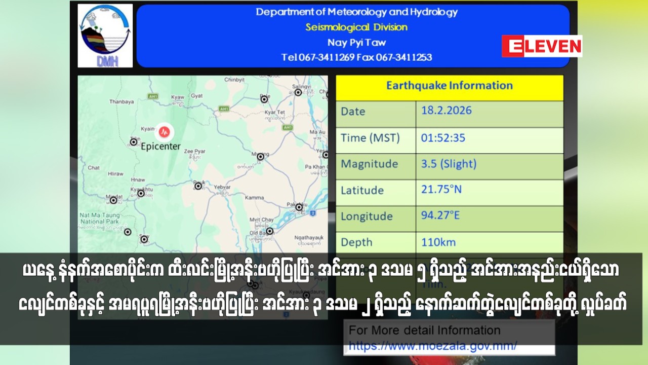 ယနေ့ နံနက်အစောပိုင်းက ထီးလင်းမြို့အနီးဗဟိုပြုပြီး အင်အား ၃ ဒသမ ၅ ရှိသည့် အင်အား