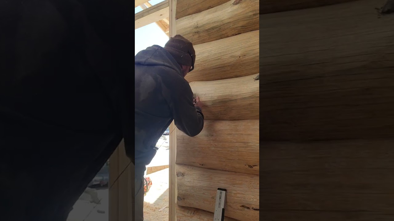 Cutting in a electrical box in a fullscribe log cabin.