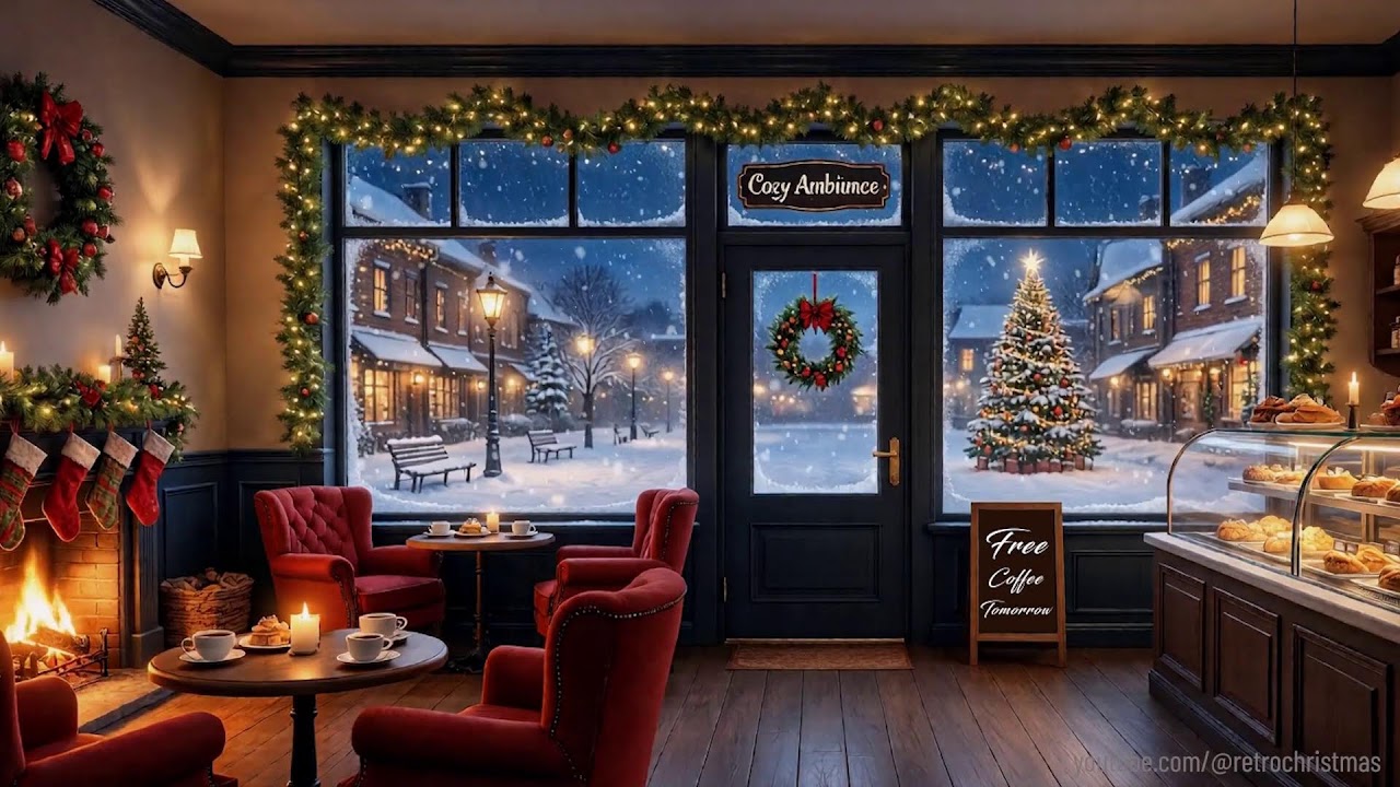 Cozy Christmas Café  ❄️ Warm Fireplace ❄️Soothing Jazz ❄️ Snow Falling