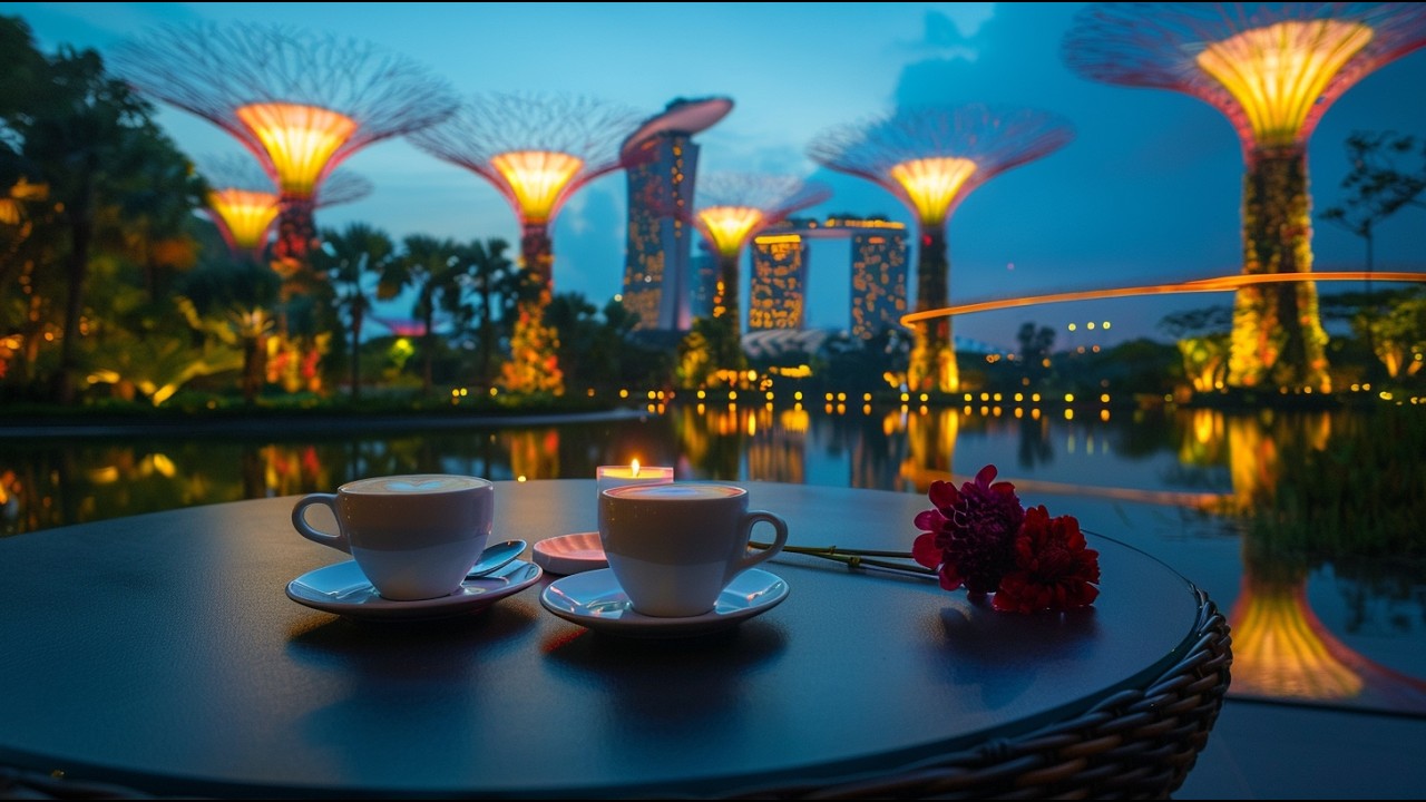Gardens by the Bay at Night ☕🎹 | Dreamy Café View | Coffee & Keys Piano Jazz