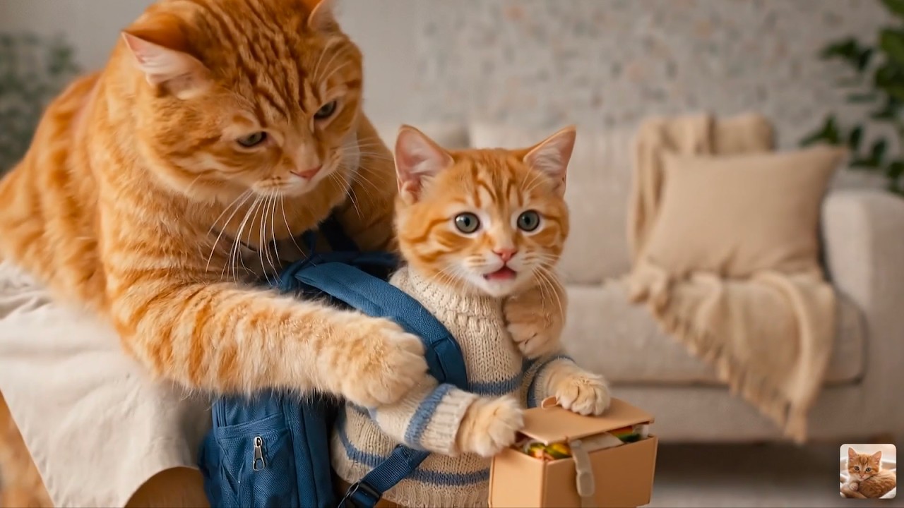 Cute kitten Kiki and his mom's morning routine