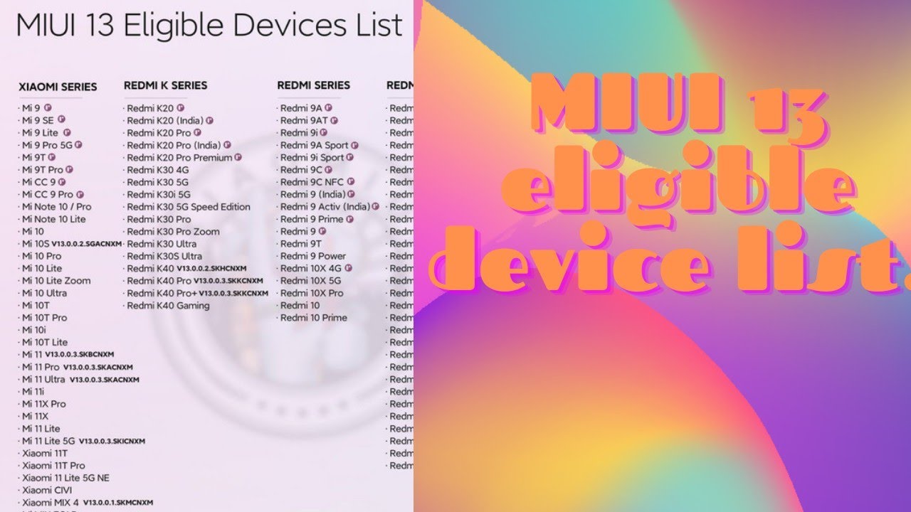 MIUI 13  Eligible Device list