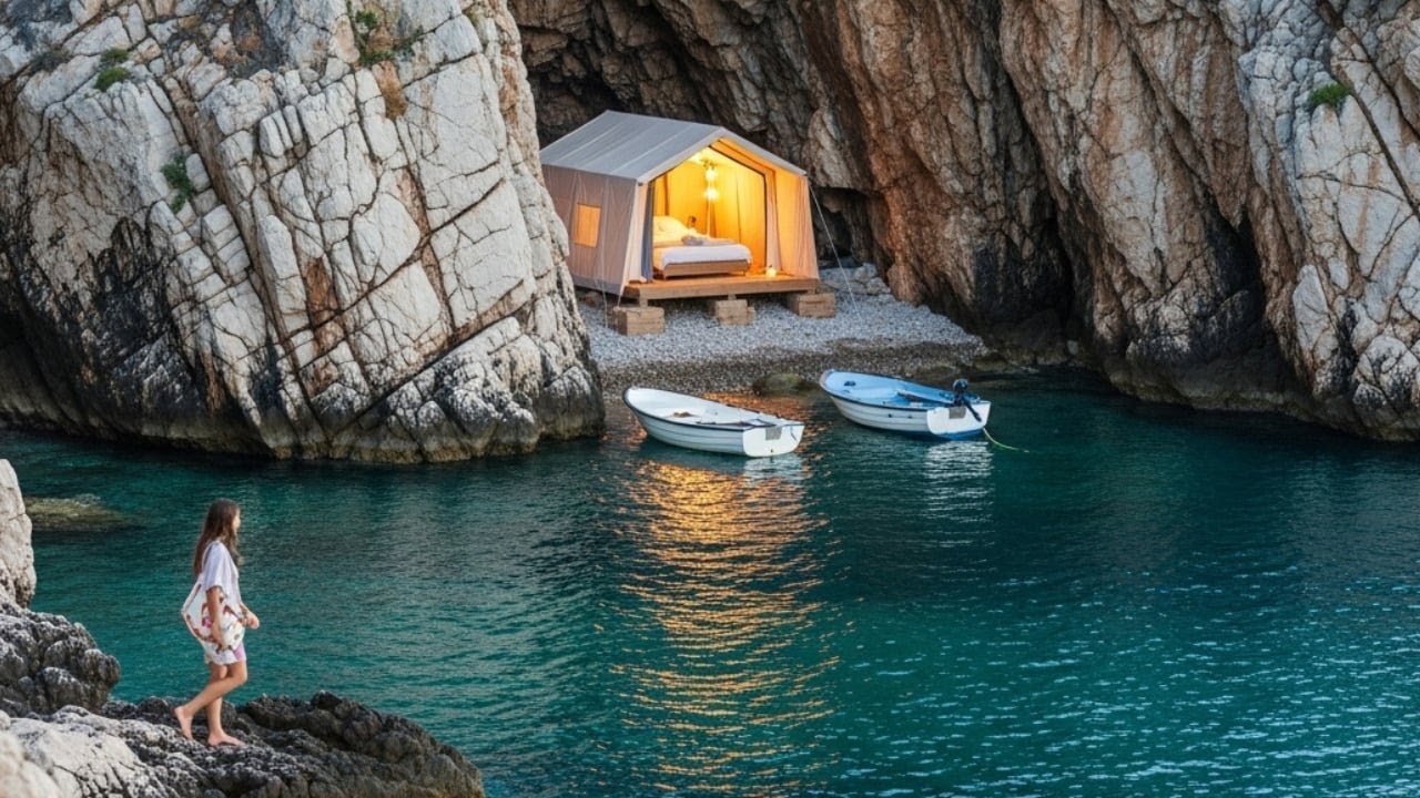 This Girl Built a SECRET CAMP inside an UNDERWATER CAVE — Camping in the Open Sea (ASMR)