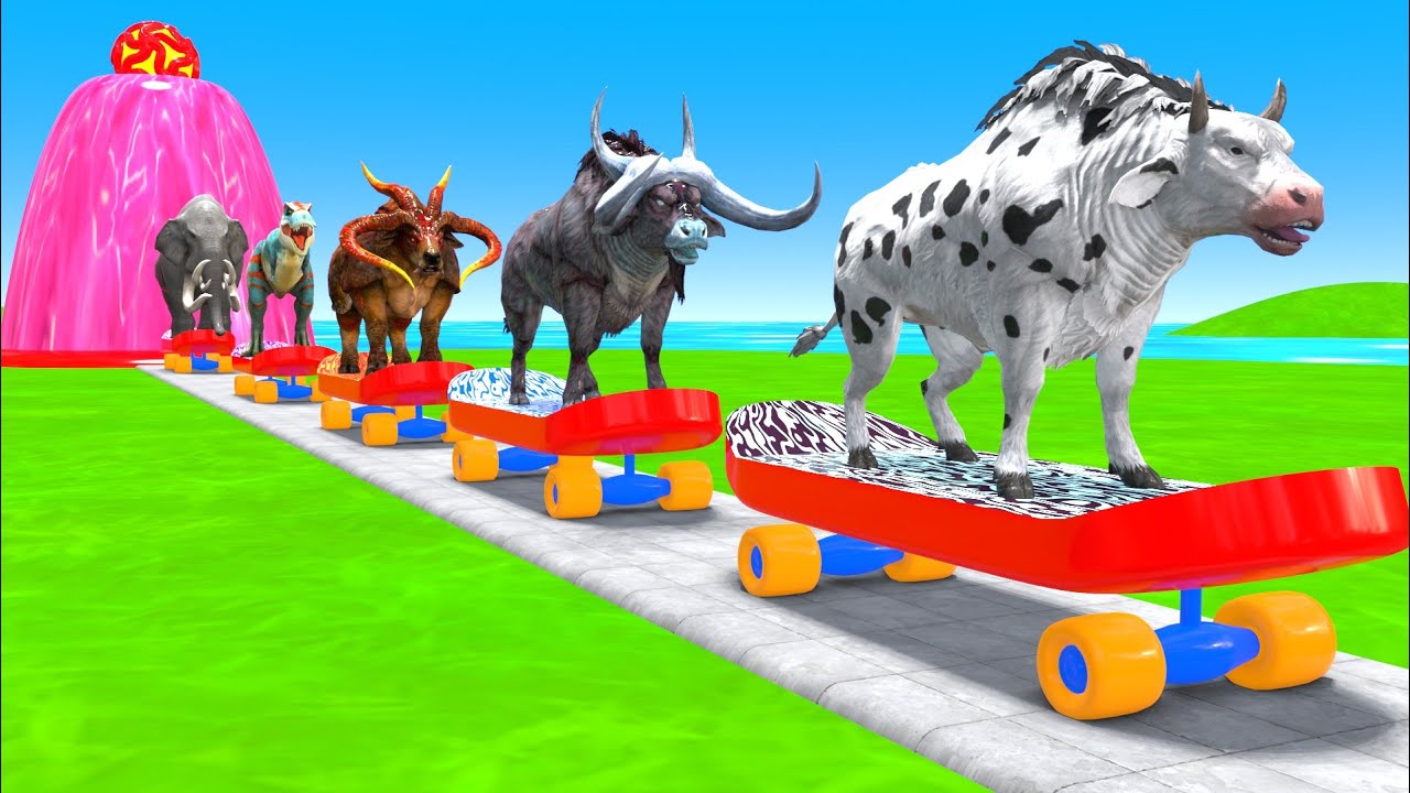 Paint Animals Cow Cartoon Yak Bison trex mammoth elephant Fountain Crossing Animal Transformation