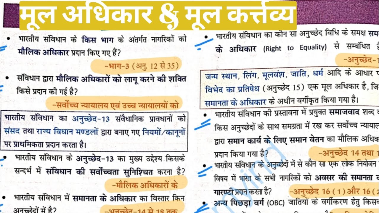 NCERT ll मूल अधिकार (Fundamental Rights) और मूल कर्त्तव्य (Fundamental Duties) ll सार संग्रह ll