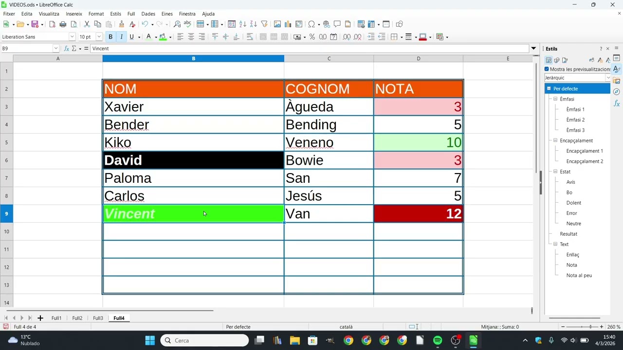 Com treballar amb els estils de cel·la de Libreoffice Calc