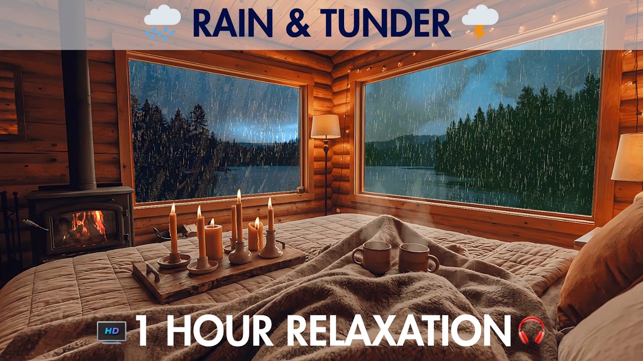 Cozy Cabin Rain & Thunder 🌧️ Fireplace Ambience 🔥 Relax, Sleep, Study (1H)