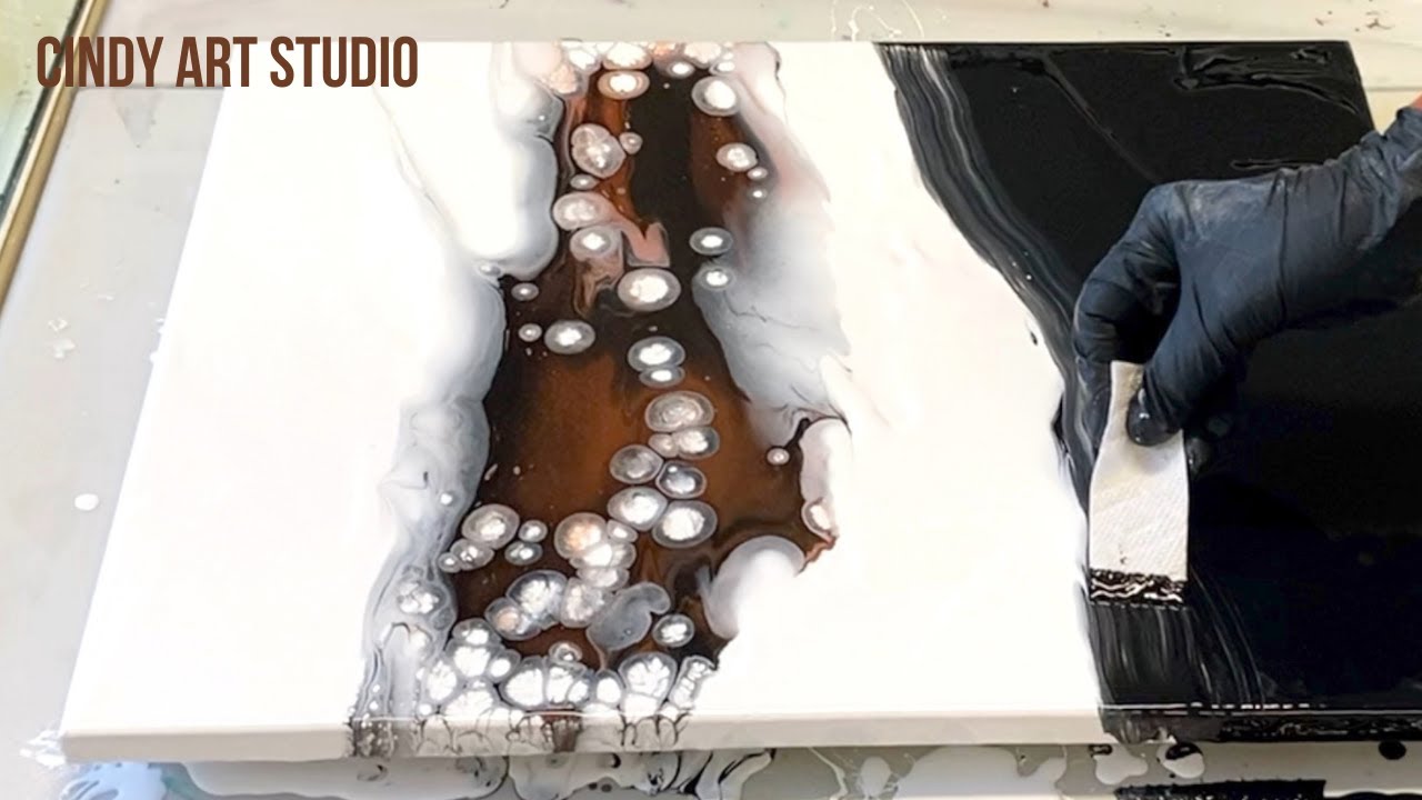 Acrylic Pour with Satin Enamel. Monochromatic Fluid art pearl pour. Acrylic pouring abstract art.