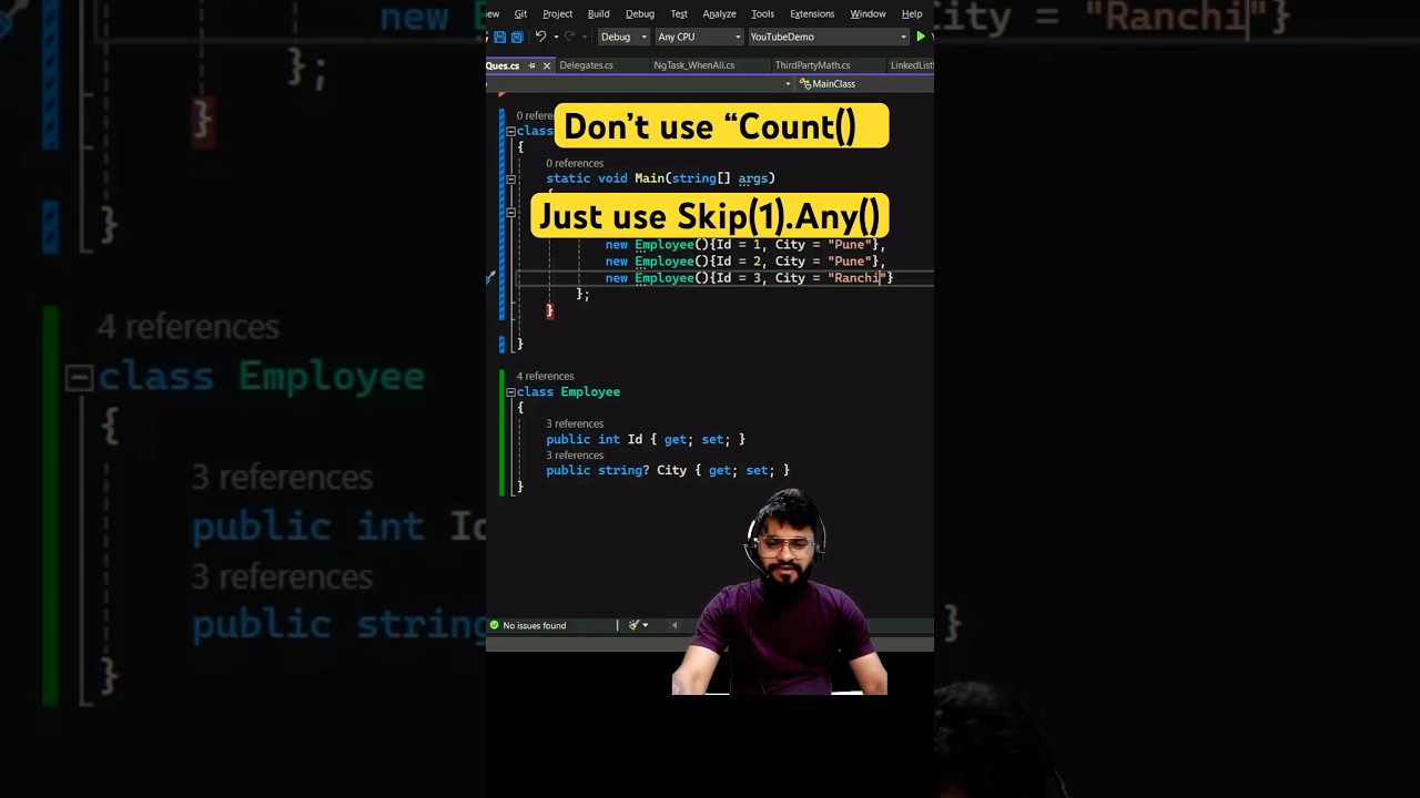#day91 - Why to use Count() when you have Skip(1).Any() for these #linq questions ? #coding #csharp