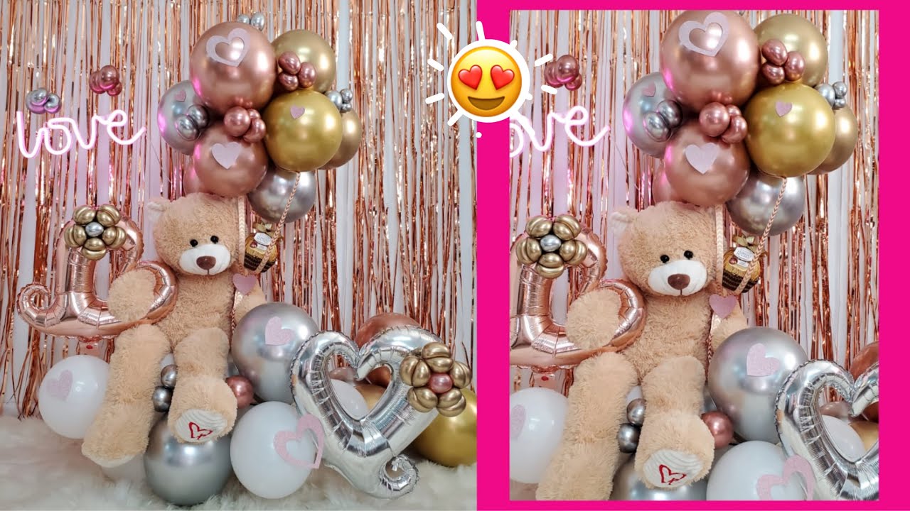 ARREGLO DE GLOBOS CON PELUCHE Y CHOCOLATE PARA SAN VALENTIN / REGALO ECONOMICO PARA SAN VALENTIN