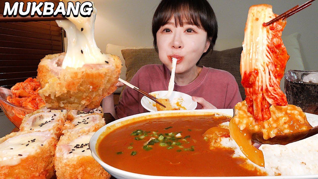 💗치즈 한가득✨ 치즈돈까스 만들어서 매운 카레, 매운 겉절이랑 먹방🍛 Mozzarella cheese pork cutlet, spicy curry, kimchi MUKBANG