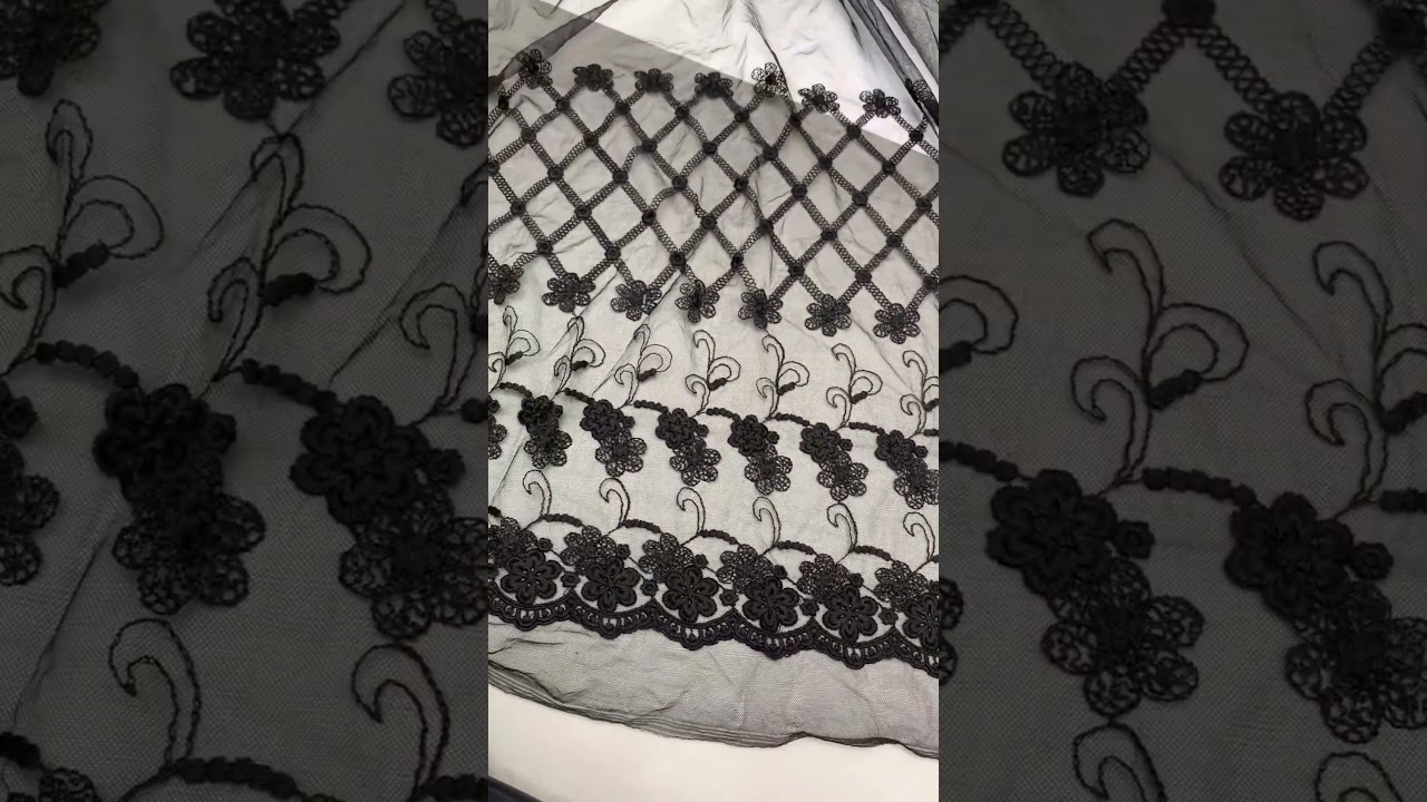 Black Floral Embroidered Mesh With Scalloped Edges - Lightweight Fabric 