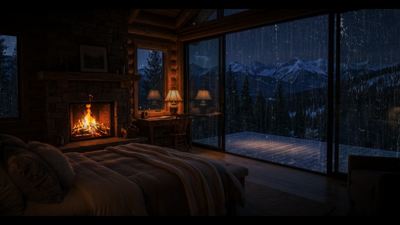 Cozy Night Rain Sounds in a Cabin Bedroom with Fireplace🔥for Deep Sleep, Focus & Study