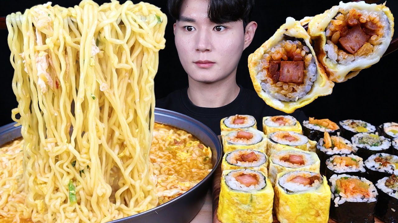 진라면 스팸 계란말이 김밥 라면 먹방ASMR MUKBANG SPICY NOODLES & KIMBAB ラーメン のり巻き eating sounds