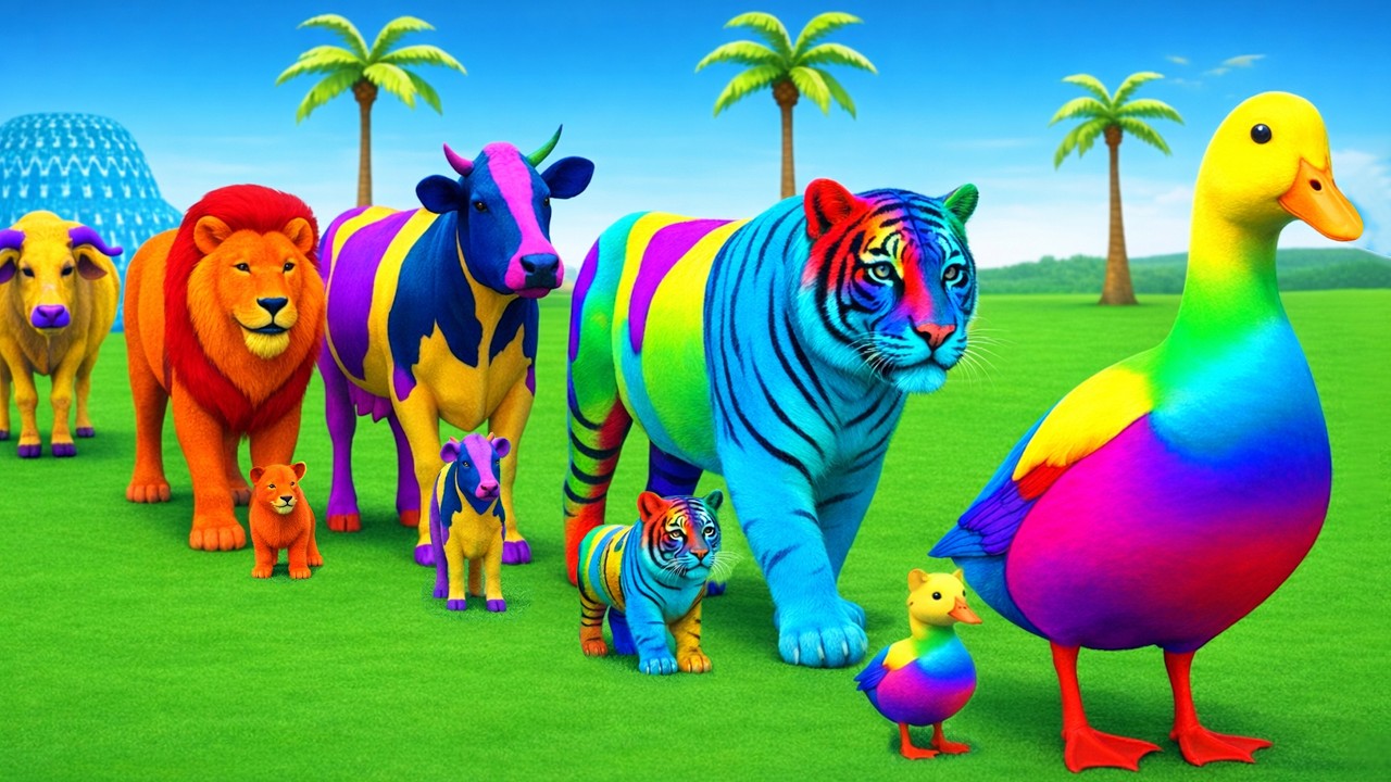Long Slide Game With Elephant Gorilla Buffalo Hippopotamus Tiger - 3d Animal Game - Funny 3d Animals