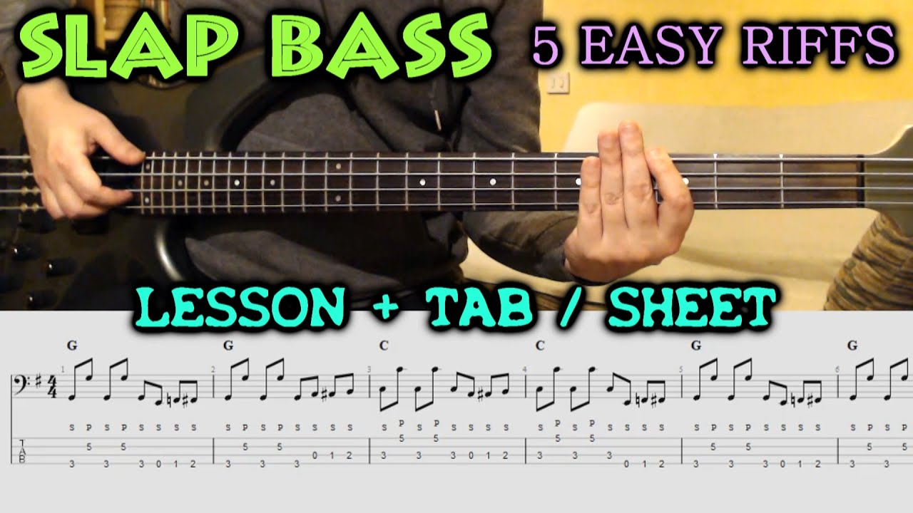 Slap Bass TABS Beginner 5 Easy Riffs | Funk Bass Lesson Tutorial