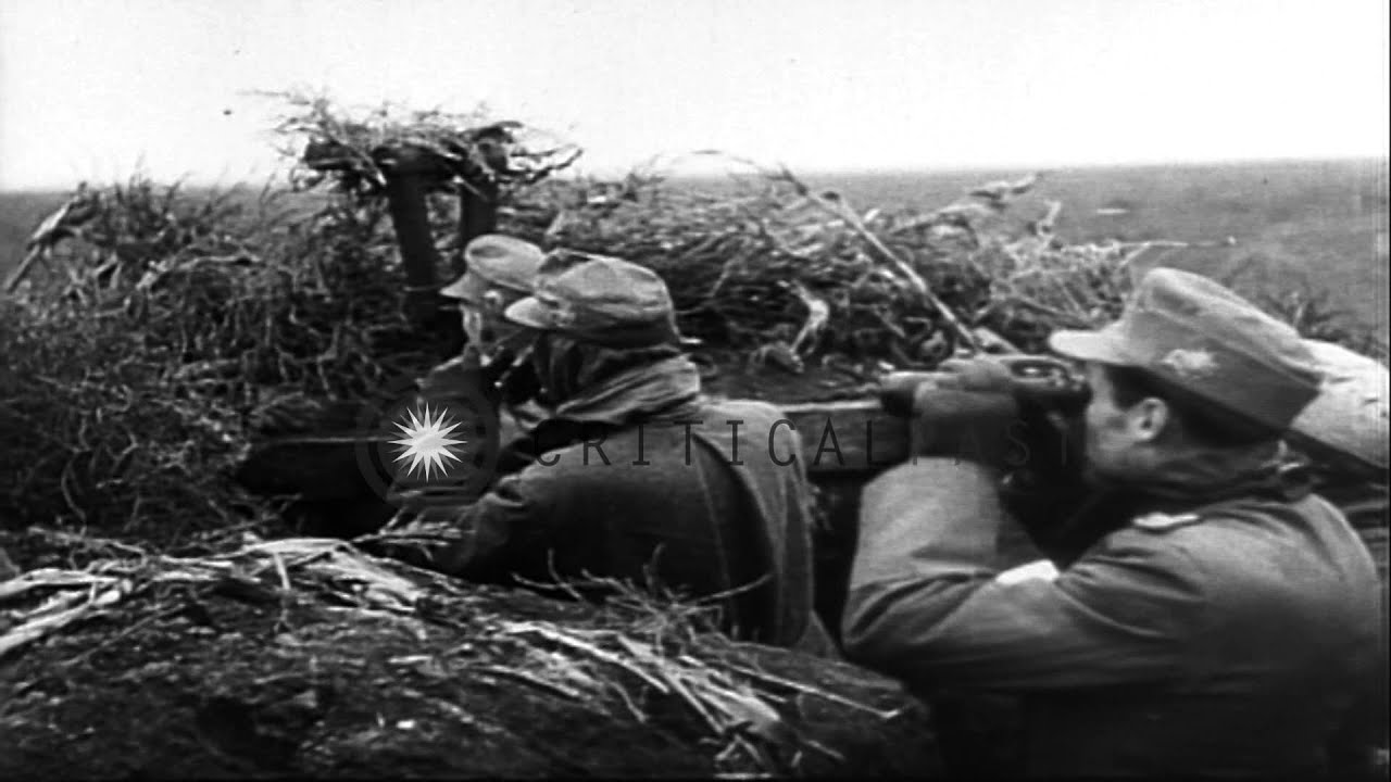 German forces,attempting to hold the line, fire artillery at at advancing Soviets...HD Stock Footage